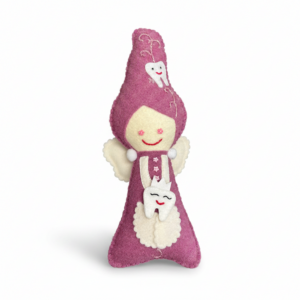 Păpușă Zâna Măseluță handmade din fetru de lână roz cu buzunar secret pentru dinți de lapte.